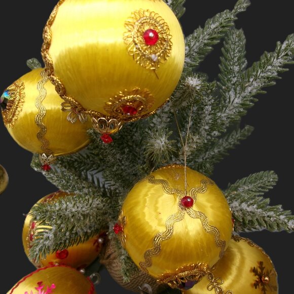 7 Gold Push Pin Christmas Ornaments, Satin Beaded Sequins, Vintage Handmade - Picture 6 of 10